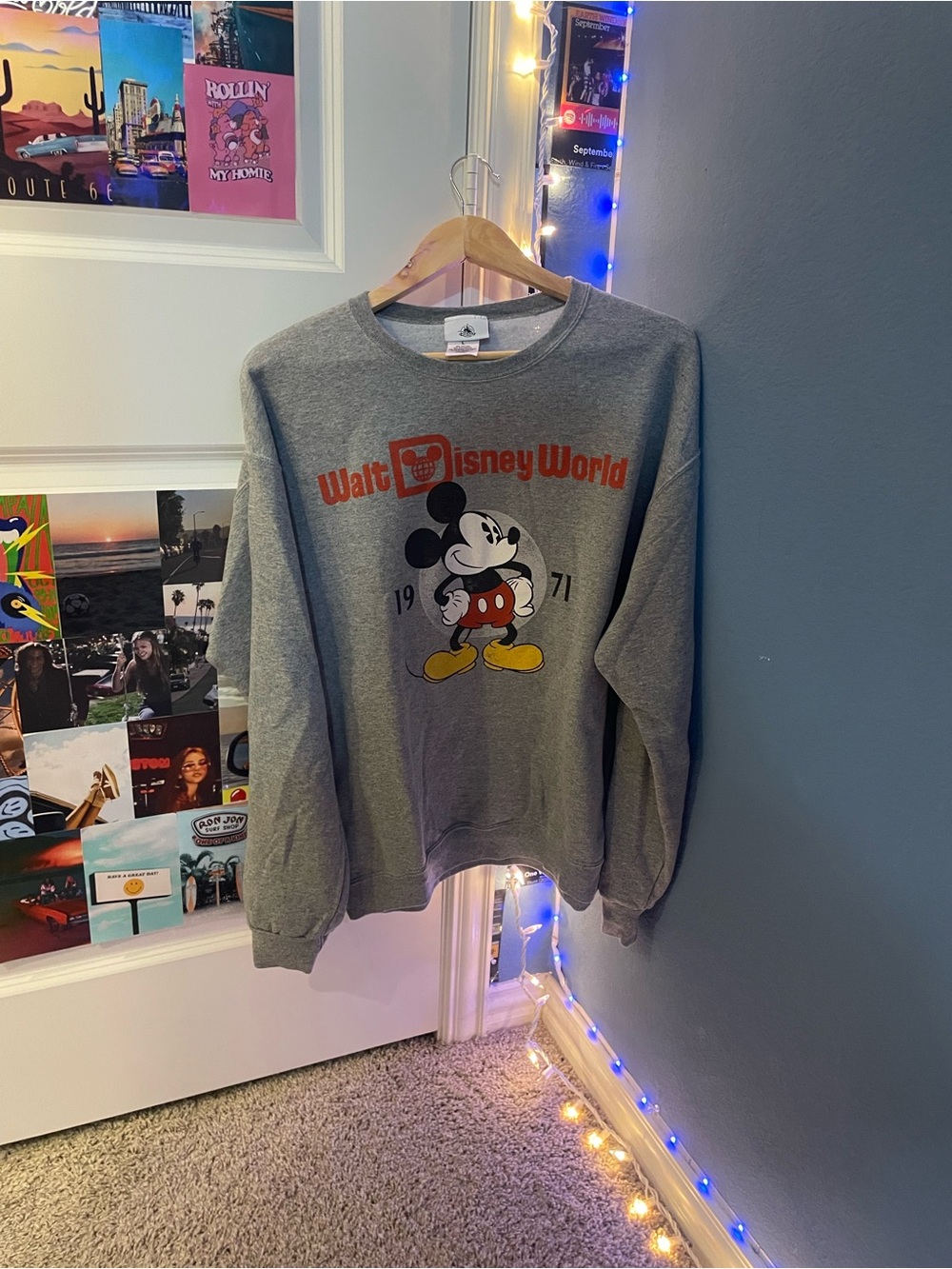 Disney Gray Walt Disney World Mickey Crewneck Sweatshirt with Red Logo